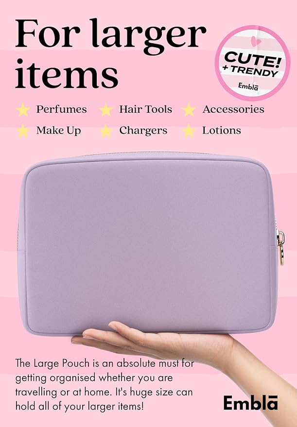 Embla Makeup Bag Travel Cosmetics Pouch and Toiletry Bag, Nylon Zipper Pouch Purse, Cute Make Up Organizer Storage Tote for Women Girls, Waterproof Travel Skincare Case, Large Makeup Bags, Lilac