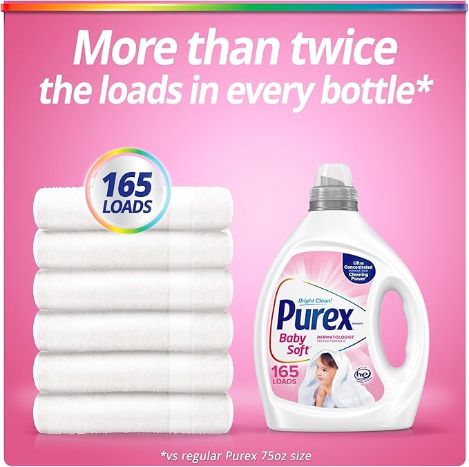 Purex Baby Soft Liquid Laundry Detergent, Ultra Concentrated, 82.5 fl oz, 165 Loads, Hypoallergenic, Dye Free, Gentle on Skin