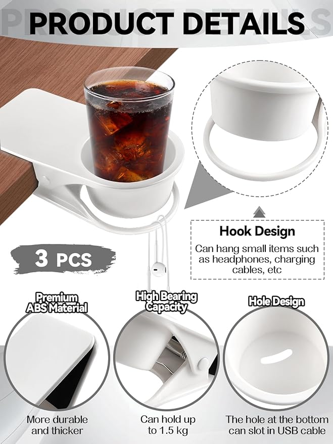 3PCS Drinking Cup Holder Clip, Kalolary Chair Desk Bottle Cup Stand DIY Glass Clamp Storage Saucer Clip for Potted Plant Beverage Soda Coffee Mug Holder Clip for Home & Office (White)