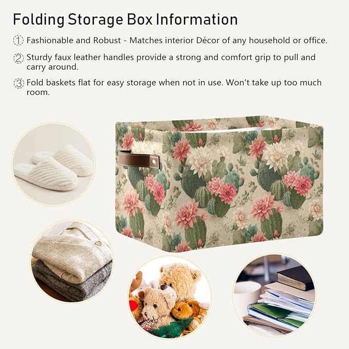 Aslsiy Storage Basket Cute Cactus Print Pattern Nursery Bins Baby Box Canvas Clothes Shelf Basket Laundry Hamper Gift Baskets for Home Closet 1 Pcs