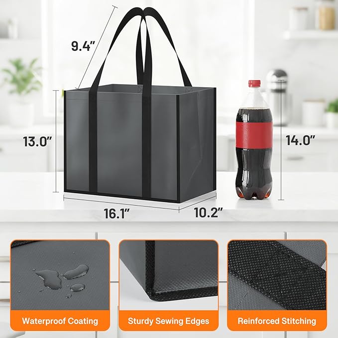 WISELIFE Reusable Grocery Bags with Handles - 4 Pack, 35L Large Shopping Bags for Groceries, Water-Resistant & Foldable Grocery Totes for Lasting Use for Kitchen, Market, Car Trunk, Picnic (Gray)