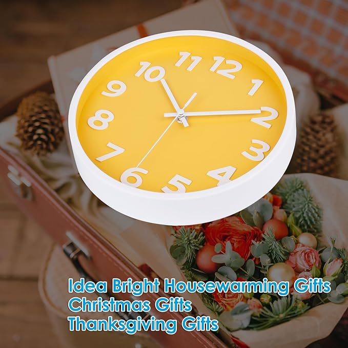 10 Inch Yellow Wall Clock with 3D Big Numbers, Modern Round Silent Non-Ticking Clock, Easy to Read for Kitchen & Office, Bright Housewarming Gifts for Home Decor