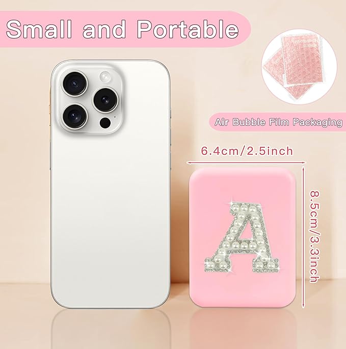 Travel Essentials Accessories Mini Makeup Mirror with Lights Pearl Initial 1X/2X Magnification LED Compact Mirror for Purses, Preppy 2-Sided Pocket Mirror Gifts for Women Teen Girls (B)