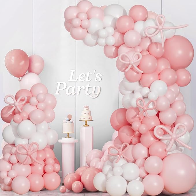 Pink Bow Balloon Arch Kit,130 PCS Coquette Birthday Decorations, Pastel Pink and White Garland Include Light blush Coquette Bow Balloon for Wedding Bridal Baby Shower Girls' Birthday Decoration