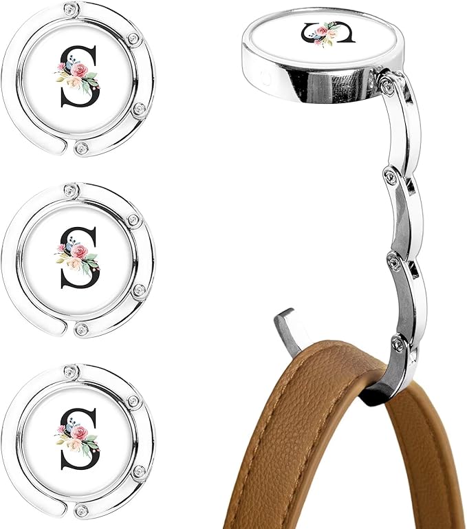 XSUIOY 3Pcs Personalized Initial Foldable Purse Hook for Table,Crushed Flower Letters Folding Purse Hanger,Purse Holder Handbag Hanger Collection Desk Table Bag Hooks Gifts for Women Bag(Black-S)