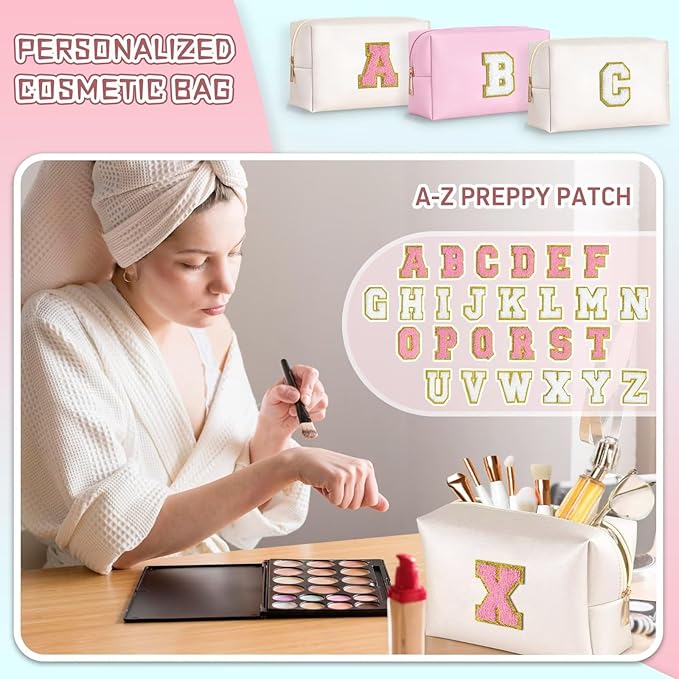 TOPEAST Personalized Birthday Gifts for Women, Preppy Patch Makeup Bag, Chenille Letter Pouch Cosmetic Bag, Travel Organizer, Gifts for Friends Cute Stuff for Women (Pearly White L)
