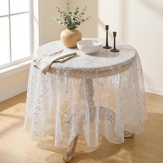 Horaldaily White Silver Gauze Tablecloth 60x60 Inch Round, Silver Sequin Glitter Metallic Foil, Sheer Tulle Cheesecloth for Wedding Baby Shower Ceremony Birthday