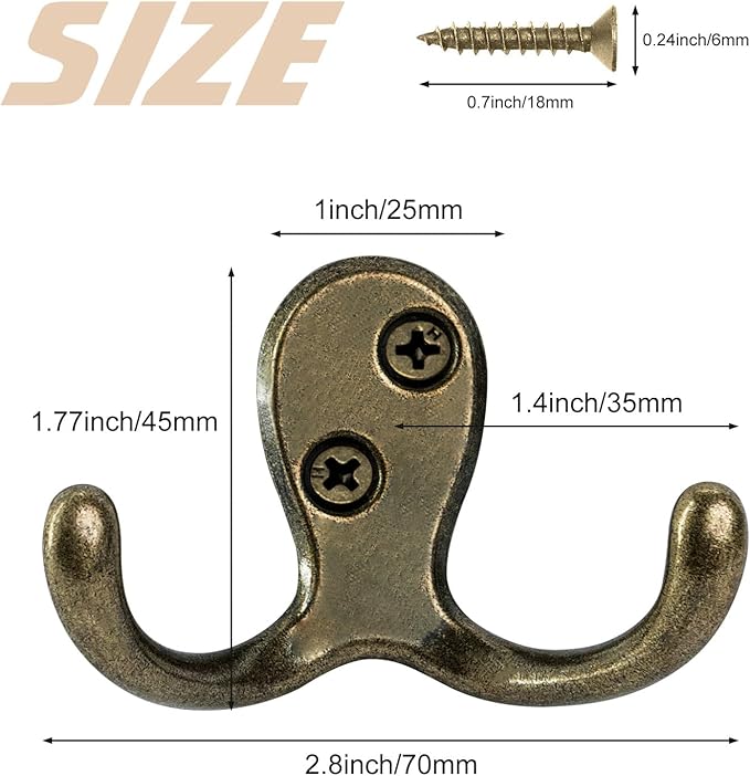 10 Pack Coat Hooks, Heavy Duty Double Prong Coat Hooks Wall Mounted with 20 Screws, No Rust Antique Brass Metal Wall Hooks for Hanging Towel, Coat, Bag, Hat, Cup, Key
