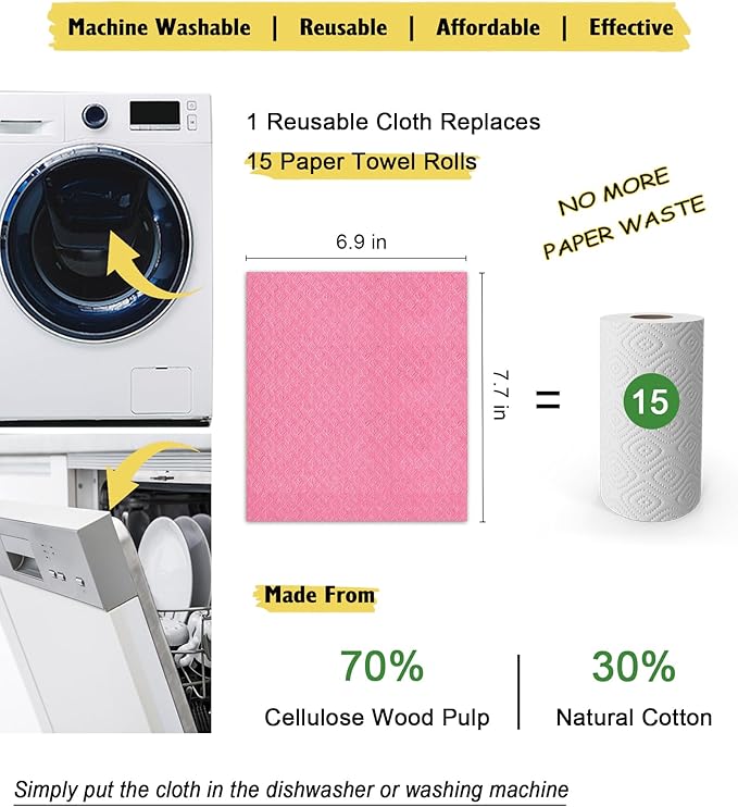 MoLKENE Swedish Dishcloths - 10 Pack Reusable Kitchen Dishcloths - Ultra Absorbent Dish Towels for Washing Dishes - Cellulose Sponge Cloth Cleaning Cloths - Pink