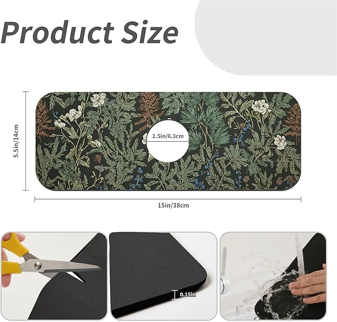Kitchen Sink Splash Guard，Dark green forest Faucet Mat Sink Gadgets-Super Absorbent Fast Drying Mat Drip Catcher for Kitchen, Bathroom,Sink Mat, Dish Drying Mat, Bathroom(15" X 5.5" )