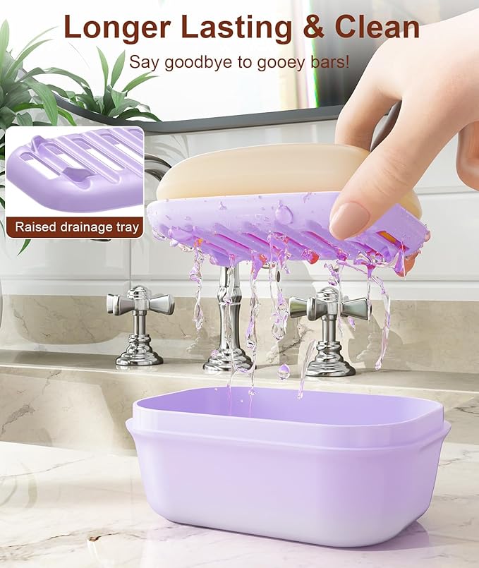 Quatish Leakproof Soap Dish with Lid & Draining Layer, Shatterproof Travel Bar Soap Holder Case Container, Portable Travel Size Toiletries Essentials for Camping, Gym, Bathroom, Purple