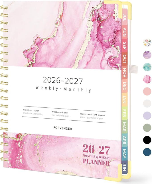 Forvencer Academic Planner 2026-2027, Hardcover Calendar Planner Weekly & Monthly, July 2026 - June 2027, 8.5" x 11", Daily Agenda with Tabs, College School Organizer for Student Teacher, Pink Marble