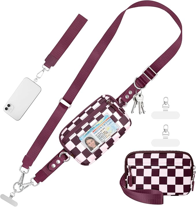 Clip and Go Strap for Phone with Wallet Crossbody Phone Lanyard and Detachable Checkered Bag with ID Window and RFID Pouch for Daily Travel.