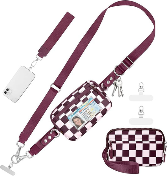 Clip and Go Strap for Phone with Wallet Crossbody Phone Lanyard and Detachable Checkered Bag with ID Window and RFID Pouch for Daily Travel.