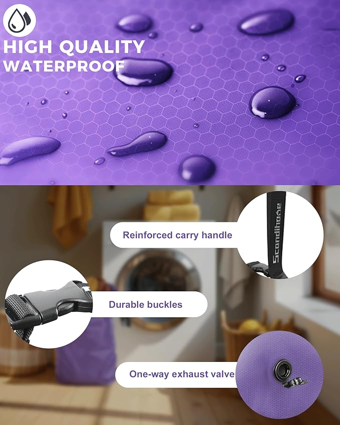 Travel Laundry Bag, Pump Free Vacuum Storage Bag Reusable Compression Dirty Clothes Travel Bag Waterproof Wet Dry Bags Large Capacity Space Saver Bags Camp Clothes Organizer (1 Pc)(Purple, M)