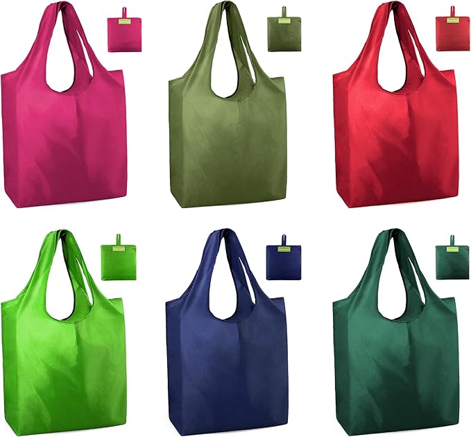 BeeGreen Colorful Reusable Grocery Bags 6 Pack, Heavy Duty Totes for Women, Foldable Large Shopping Totes with Handles for Work, Travel, Gift, Store, Polyester Washable Reusable Tote Bag