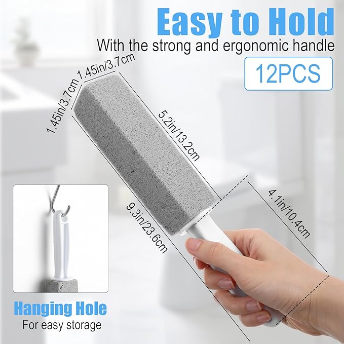 12 PCS Pumice Stone with Handle, Hard Water Stain Remover, Toilet Bowl Cleaner for Porcelain, Sink, Grill, and Bathroom Tile, Eco-Friendly Scouring Stick