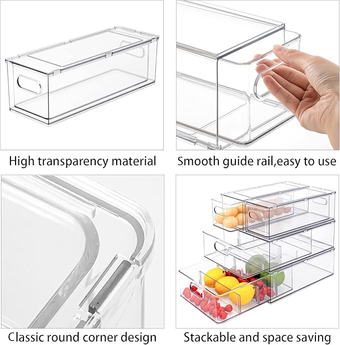 Set of 3 Stackable Refrigerator Organizer Bins Pull-Out Drawers for Fruit and Veggies Divided Storage Organizer for Fridge Clear Drawer Containers with Handle for Produce Saver, Eggs, Snack