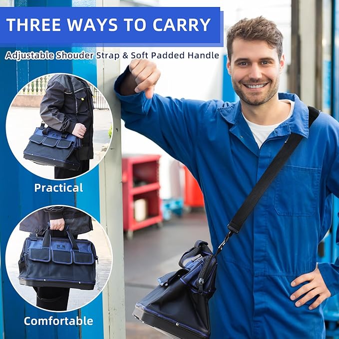 Tool Bag 16'', Multi-pocket Tool Organizer with Waterproof Plastic Base, Heavy Duty Tote with Shoulder Strap for Tool Storage, Black & Blue