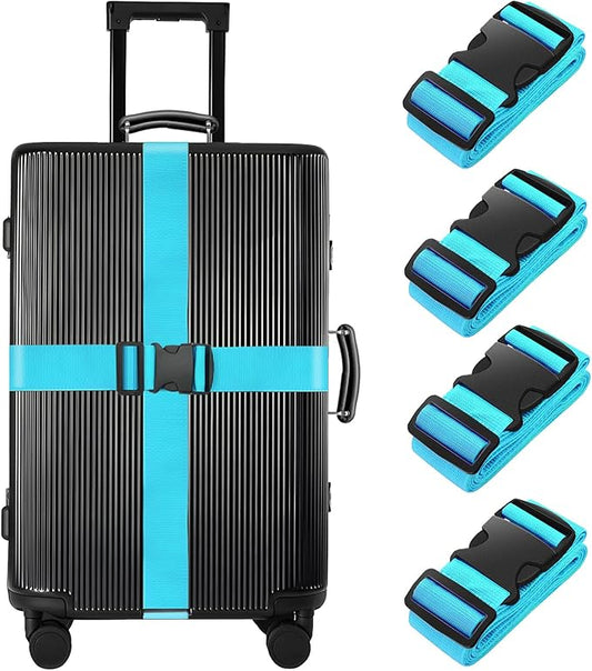 BILIONE 4 Pack Luggage Straps 79" Long Belts Keep Suitcase Secure While Traveling, TSA Approved Add a Bag Premium Accessory for Travel Bag Closure (4 Pcs Blue)