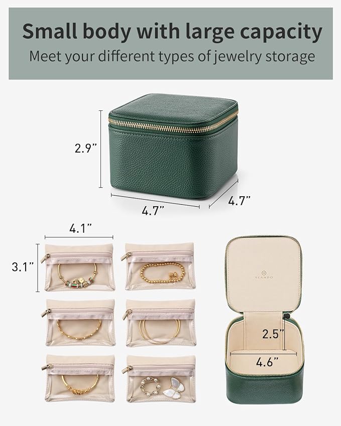 Vlando Jewelry Travel Case, Travel Jewelry Organizer with Clear Velvet Jewelry Bags 6Pcs Zipper Pouch for Women Girl Christmas Wedding Gift-Green