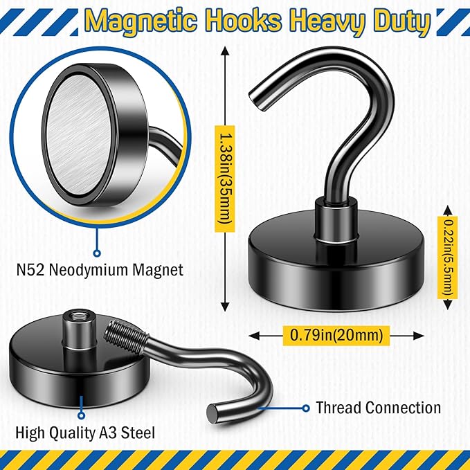 FINDMAG Black Magnetic Hooks, 50lbs Strong Magnetic Hooks for Hanging, Neodymium Rare Earth Heavy Duty Magnets with Hooks, N52 Magnet Hooks for 2026 Cruise Cabin Ship Essentials, Travel, 6 Pack