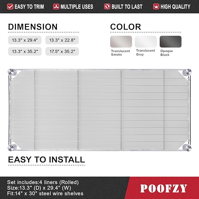 Poofzy Wire Shelf Liner 14" X 30", Non-Adhesive Plastic Shelf Liners for Wire Shelving, Waterproof Protector Mats (4PK, Clear)