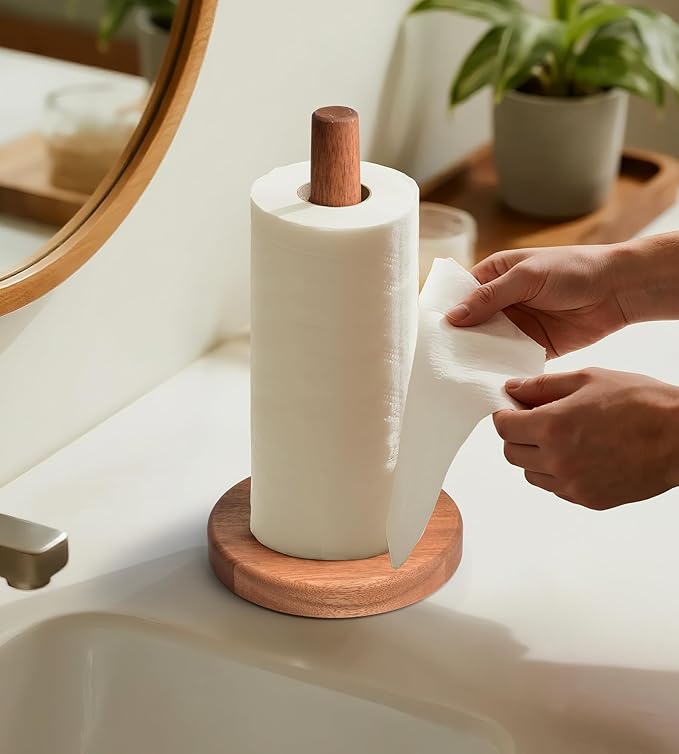 KitchLife Acacia Wooden Paper Towel Holder Countertop, Large Size - Freestanding Paper Towel Dispenser Stand Organizer with Large Anti-Skid Base