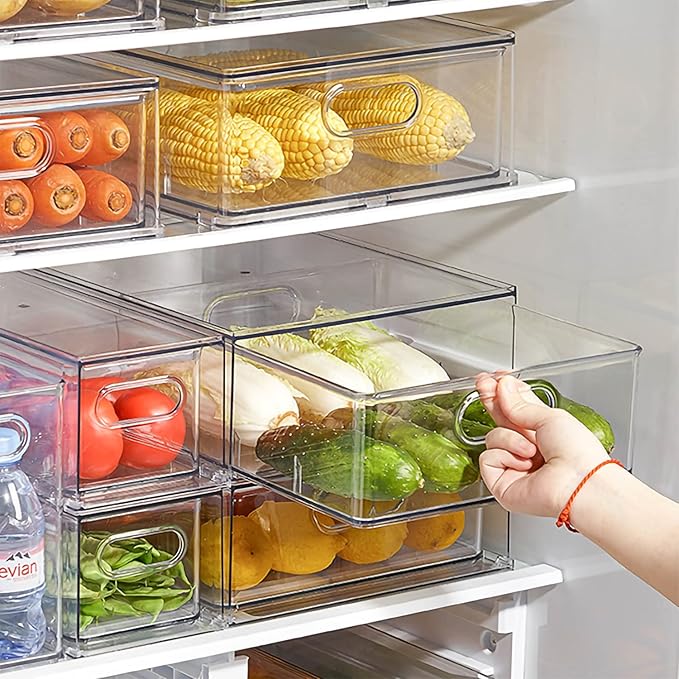 Set of 3 Stackable Refrigerator Organizer Bins Pull-Out Drawers for Fruit and Veggies Divided Storage Organizer for Fridge Clear Drawer Containers with Handle for Produce Saver, Eggs, Snack