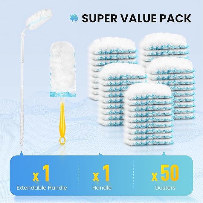 Bisenkud Duster Kit for Swiffer® Duster Refill: 50 Heavy Duty Refills + 2 Handles | 3X Grip & Static Tech | Car, Furniture & Electronics Dry Cleaning