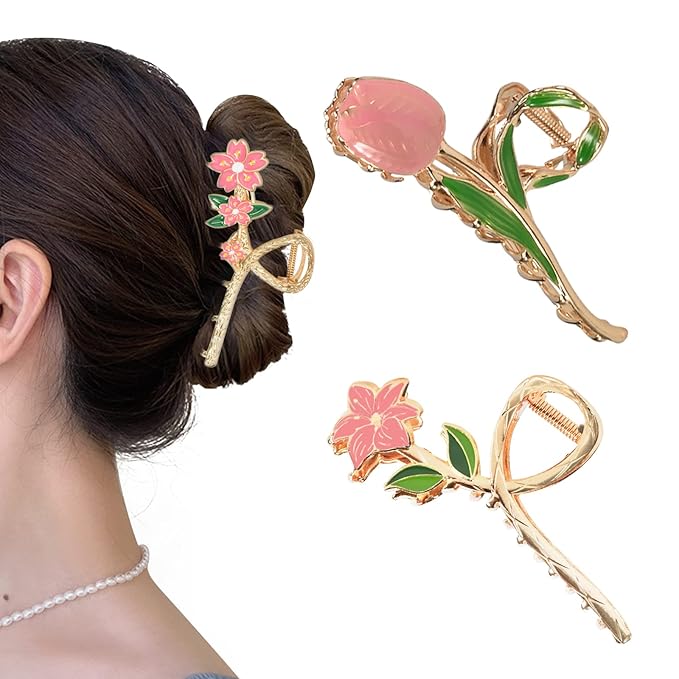 3-Piece Flower Metal Hair Accessories: Pink Tulip Hair Claw, Elegant Lily Floral Barrettes, Strong Hold Non-Slip Cute Orchid Hair Clips for Thin/Medium Thick Hair