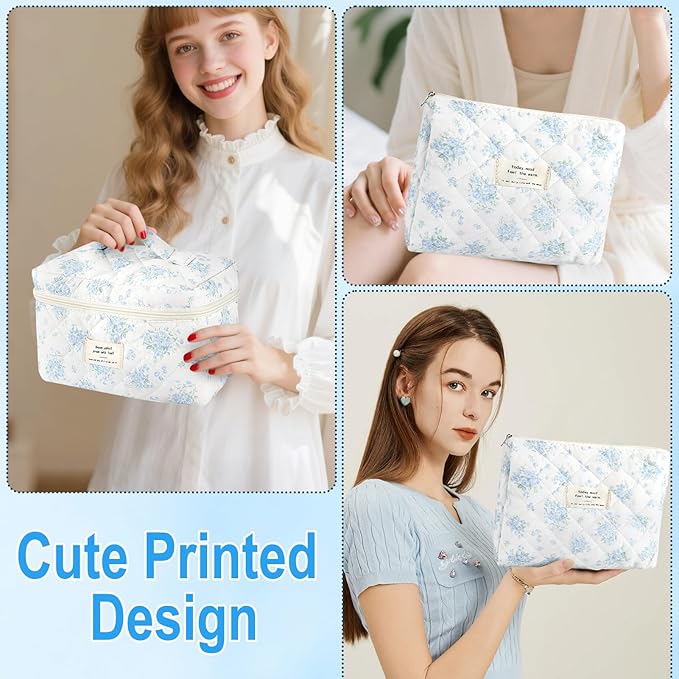 2Pcs Cotton Quilted Makeup Bag for Women Girls Large Small Travel Floral Cosmetic Bags Set Cute Coquette Zipper Makeup Pouch for Purse Aesthetic Cloth Flower Storage Toiletry Bag Organizer