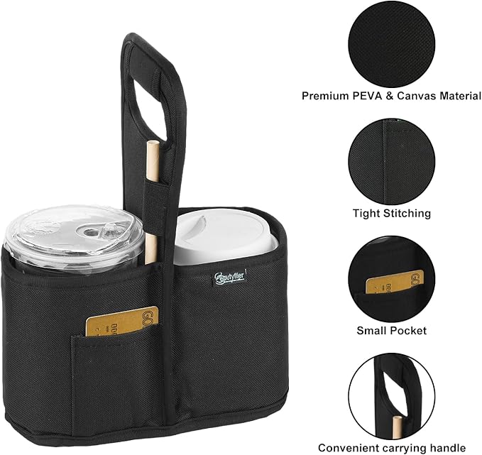 Beautyflier Drink Carrier with Handle for Delivery, Reusable Insulated Coffee Cup Carrier, Portable 2-Cup Holder with Handle Organizer Tote Bag for Hot & Cold Drinks