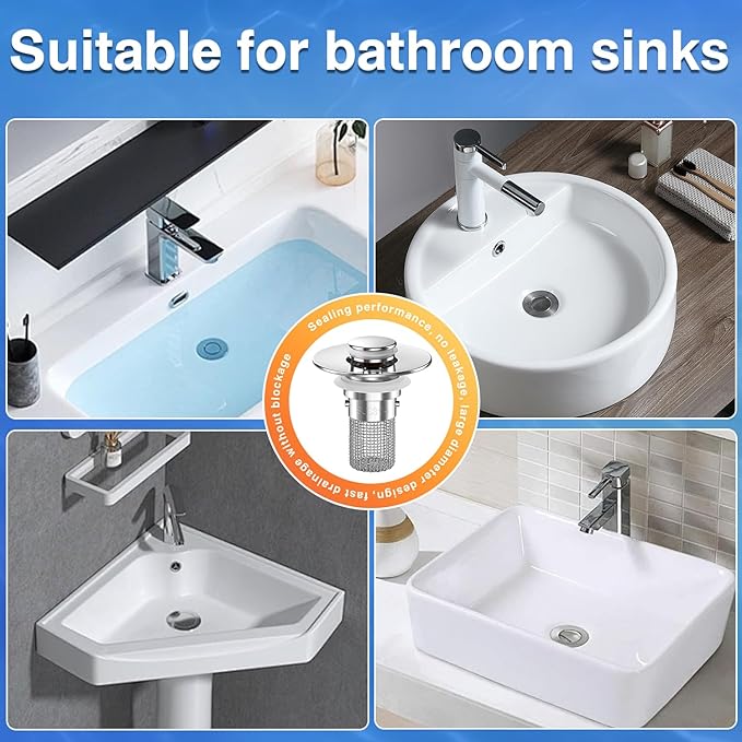 Sink Stopper Hair Catcher, Pop-up Sink Drain Strainer with Removable Stainless Steel Strainer Basket Hair Catcher, Bathroom Sink Strainer for Bathroom Sink Stopper Replacement (3PCS)