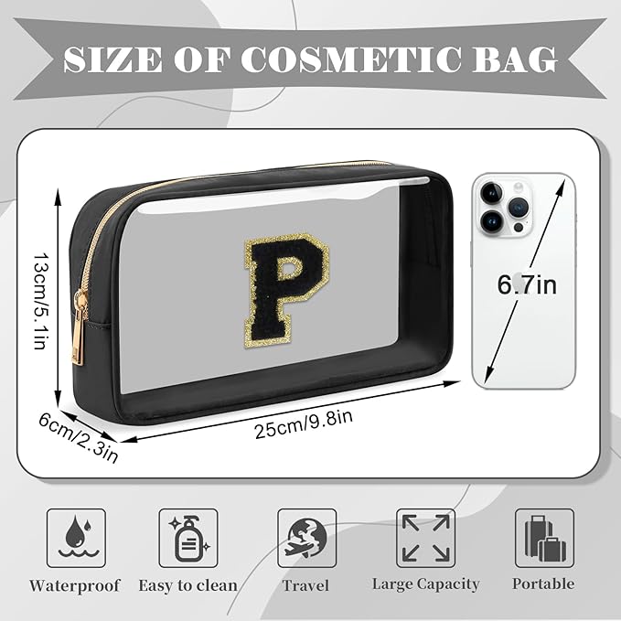 Personalized Initial Letter Clear Makeup Bag, Preppy Small Nylon & PVC Cosmetic Zipper Bag with Chenille Letter, Travel Skincare Toiletry Bag, Monogram Christmas Gift for Teen Girls Women, P