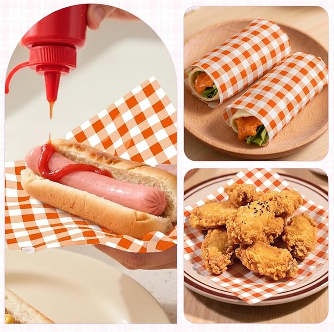 100pcs Waxed Deli Paper Sheets, 7x7" Food Basket Liners for Sandwiches, Burgers. Classic Checkered Deli Wrap Wax Paper Sheets by Neyimqr (Orange)