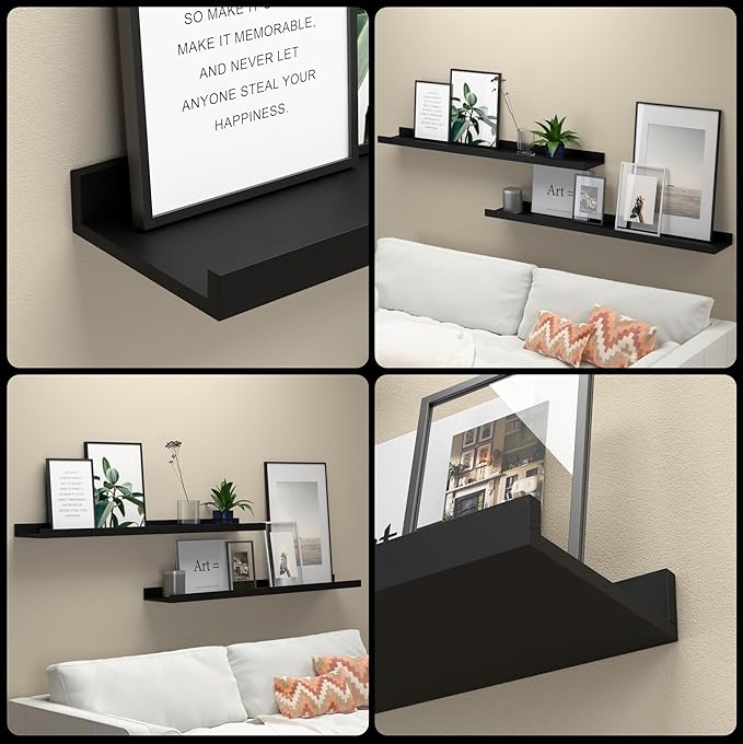 35.4 Inches Long Floating Shelves Wall Mounted, 2 Set Modern Black Wall Shelf for Bedroom, Nursery Book Shelf with Lip, Picture Ledge Shelf for Decor Living Room Bathroom Kitchen - Black