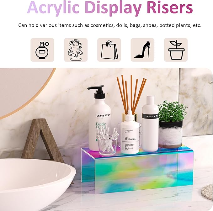 Acrylic Shelf Riser 12x5.1x4 pack of 2, Iridescent Acrylic Stand for Funko Pop, Collectibles, Brand Store, Home Storage Organizer, 12x5.1x4 Inch
