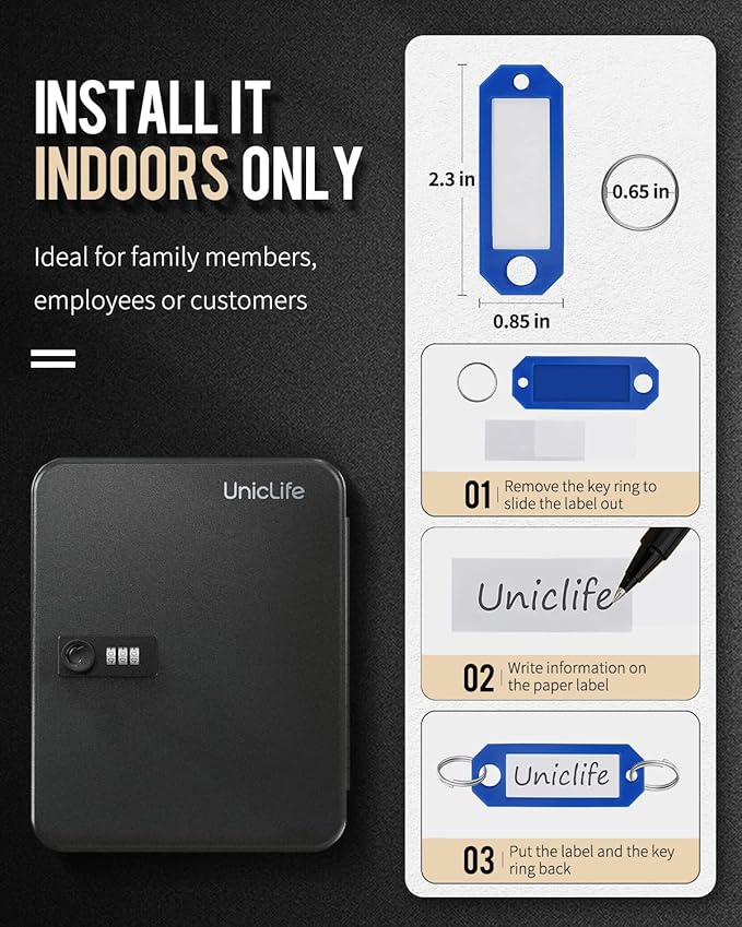 Uniclife 28 Position Key Cabinet with Combination Lock Resettable Black Digital Security Storage Box Steel Key Organizer with Colorful Key Tag Labels Stickers and Hooks