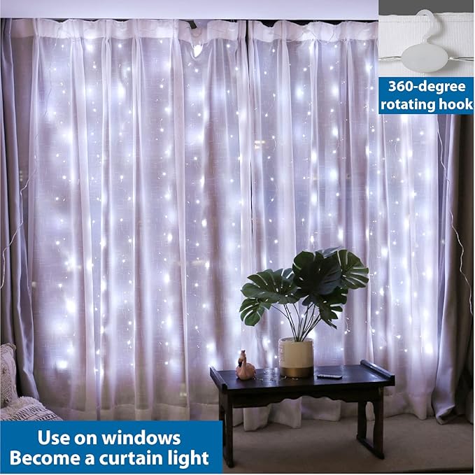 ZSJWL 3.3×5ft Short Curtain Lights with 8 Hook for Small Windows, 96 LED White Photo Clips String Light with 52 Clear Clips, Remote Control 8 Modes USB Plug Fairy Lights for Bedroom, Party, Wall