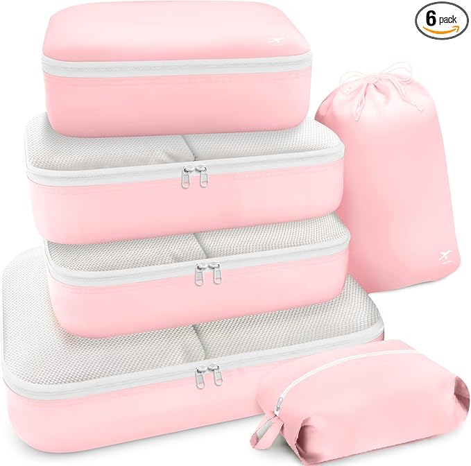 HOTOR Packing Cubes for Suitcases - 6 Pieces, Light Packing Cubes for Travel, Premium Suitcase Organizer Bags Set, Space-Saving Luggage Organizers, Travel Accessories and Essentials, Pink