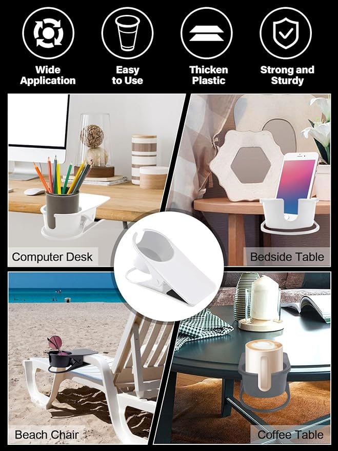 3PCS Drinking Cup Holder Clip Kalolary Chair Desk Bottle Cup Stand DIY Glass Clamp Storage Saucer Clip with Groove for Potted Plant Beverage Coffee Mug Holder Clip for Home & Office (Black White Grey)