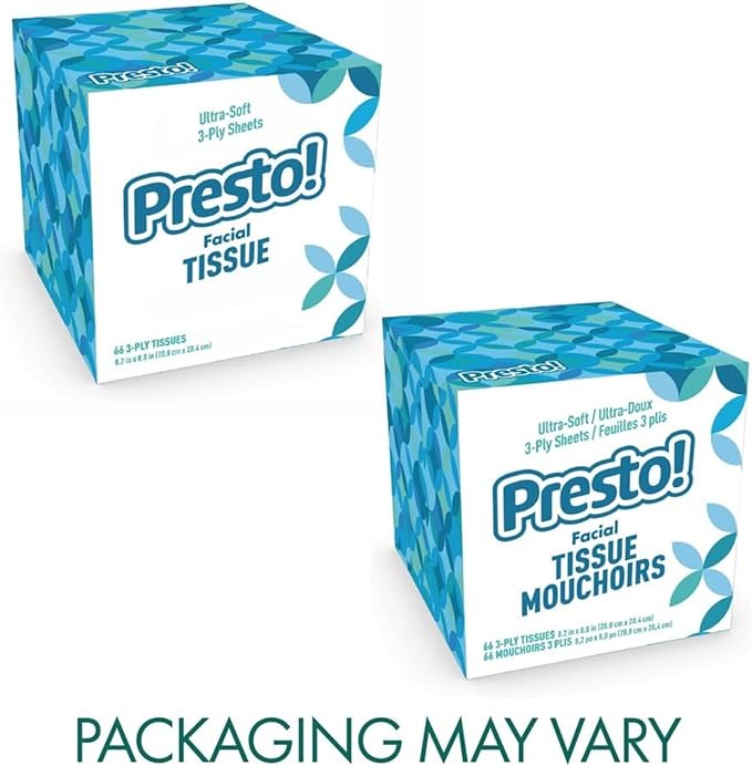 Amazon Brand - Presto! Ultra-Soft 3-Ply Premium Facial Tissues,792 Total Count,Packaging May Vary,66 Count (Pack of 12)