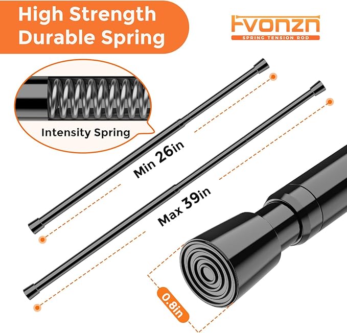 FVONZON Tension Curtain Rod Black Spring Tension Curtain Rods 26-39 inch 4Pack Adjustable Spring Rods Extendable Tension Rod For Closet, Window, Kitchen,Bookshelf,Bathroom