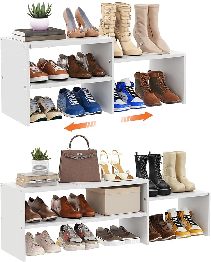 44.6 Inches Expandable White Shoe Rack Organizer for Closet,Adjustable Small Shoe Storage Shelves,Metal Wood Combination Shoe Shelf Stand Holder for Closets,Entryway,Front Door,Narrow Space,10-13 Pair