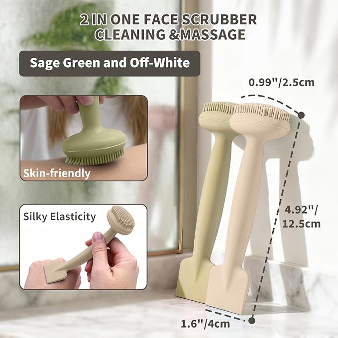 2 Pack Silicone Face Scrubber,2 in 1 Facial Cleansing Brush & Face Mask Applicator, Face Exfoliator Scrubber Waterproof Home Spa Facial Brush for Sensitive Skin (Sage Green and Off-White)