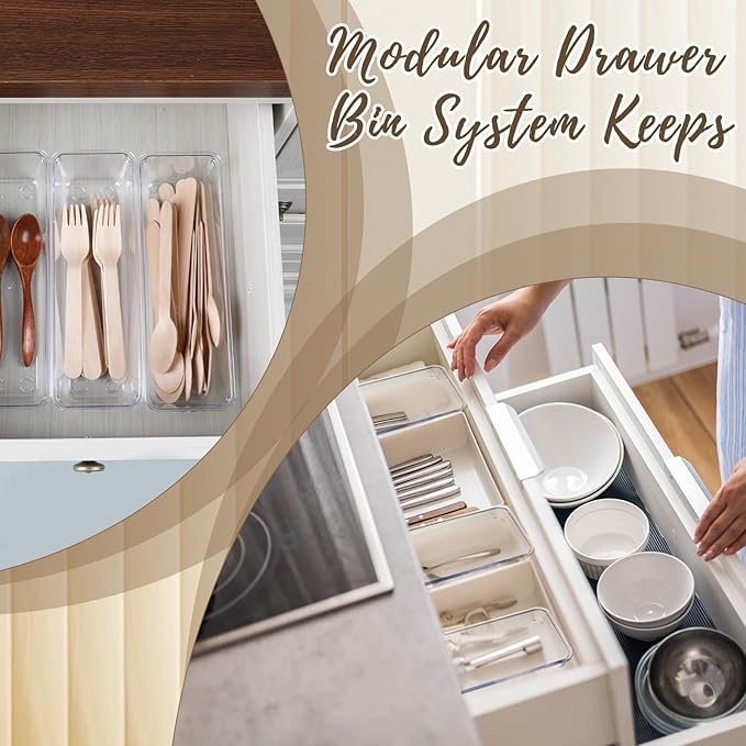12 PCS Drawer Organizers Clear Plastic Vanity Drawer Dividers Kitchen Silverware Utensil Storage Desk Storage Tray for Bathroom Bedroom Office Makeup Jewelry 9 x 3 x 2 Inches