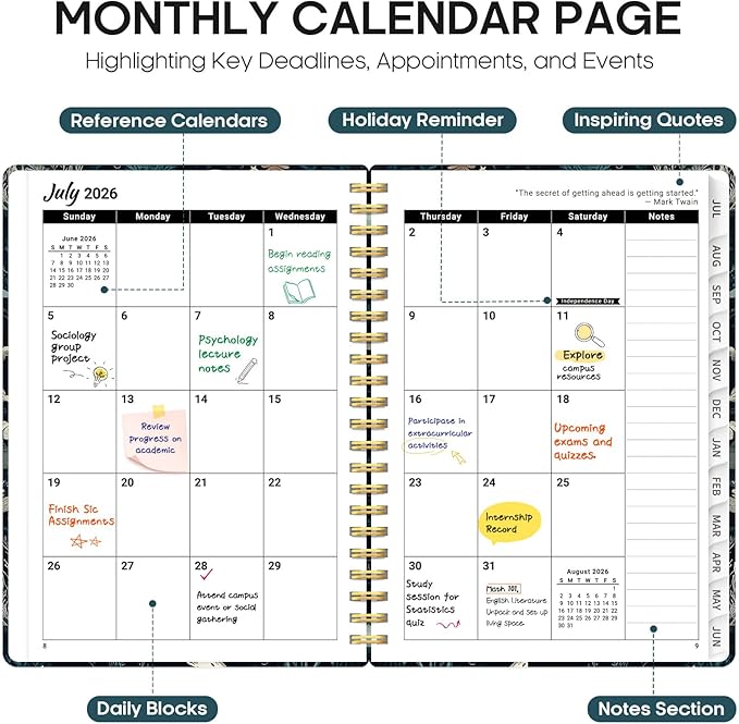 Planner 2026-2027, Academic Year Weekly and Monthly Calender Planner, from Jul 2026 - Jun 2027, Spiral Bound School Planning Book, Perfect for Teacher, Student, Women & Men, A5 (6.3" x 8.5"), Secret Sea