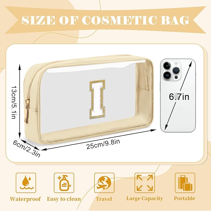 Personalized Initial Letter Clear Makeup Bag, Preppy Small Nylon & PVC Cosmetic Zipper Bag with Chenille Letter, Portable Beach Travel Skincare Toiletry Bag, Trendy Monogram Gift for Teen Girls Women, I