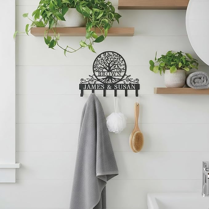 Personalized Tree of Life Metal Key Holder for Wall, Monogram Coat Rack Wall Mount, Key Hooks for Bathroom, Living Room, Kitchen, Office, Wedding, Anniversary & Housewarming Gift
